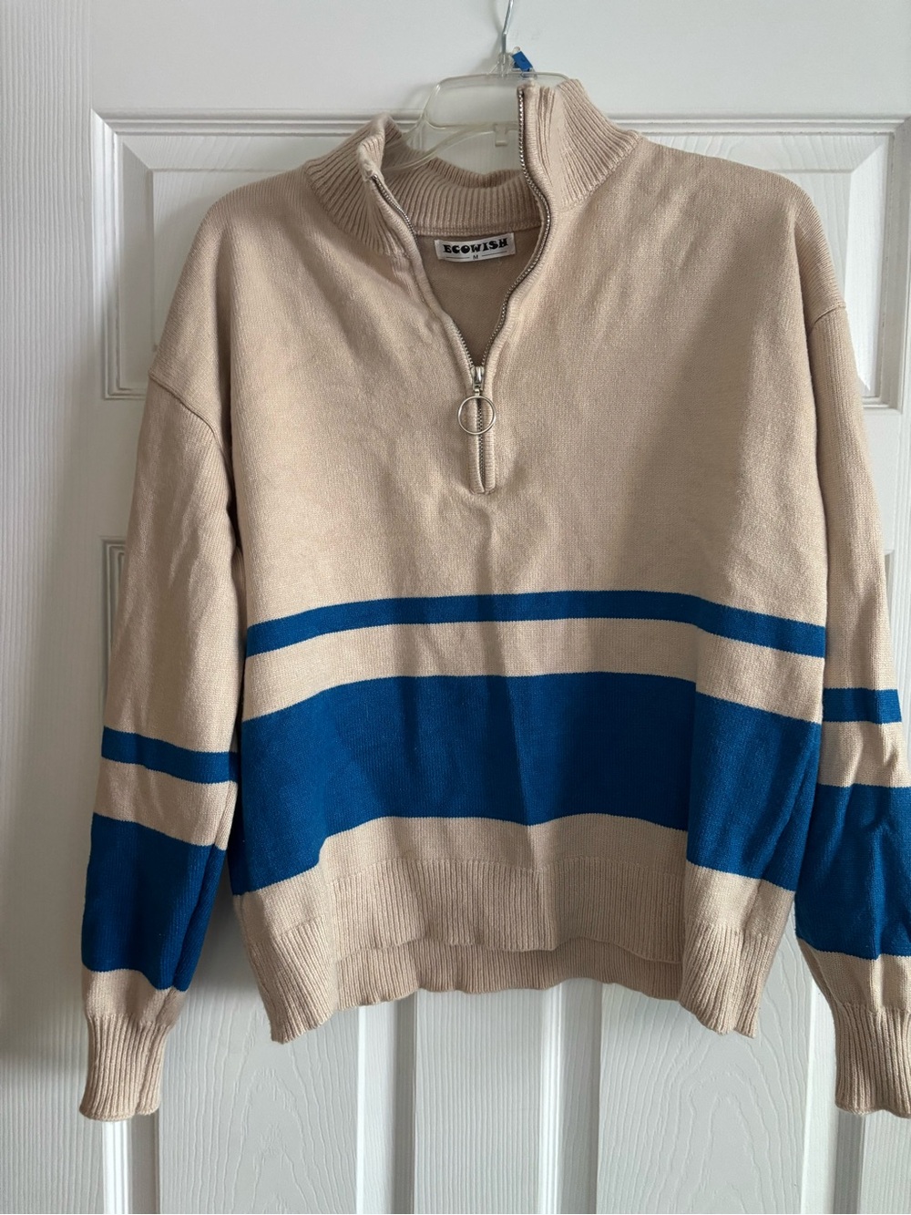 Wish Beige Half-Zip Sweater with Blue Stripes